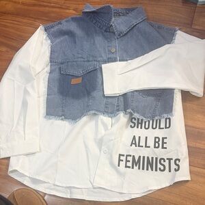 SHEIN White Button-Up Shirt with Denim Cropped Vest — Feminist Slogan